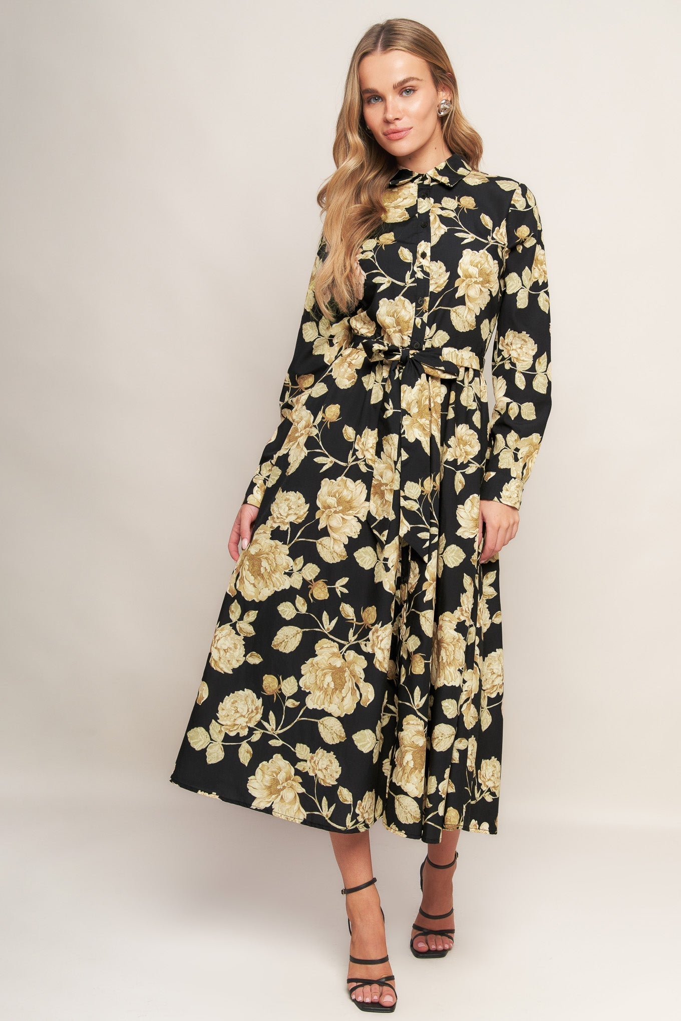 MIDNIGHT BLOOM BLACK WOVEN MIDI DRESS Flying Tomato